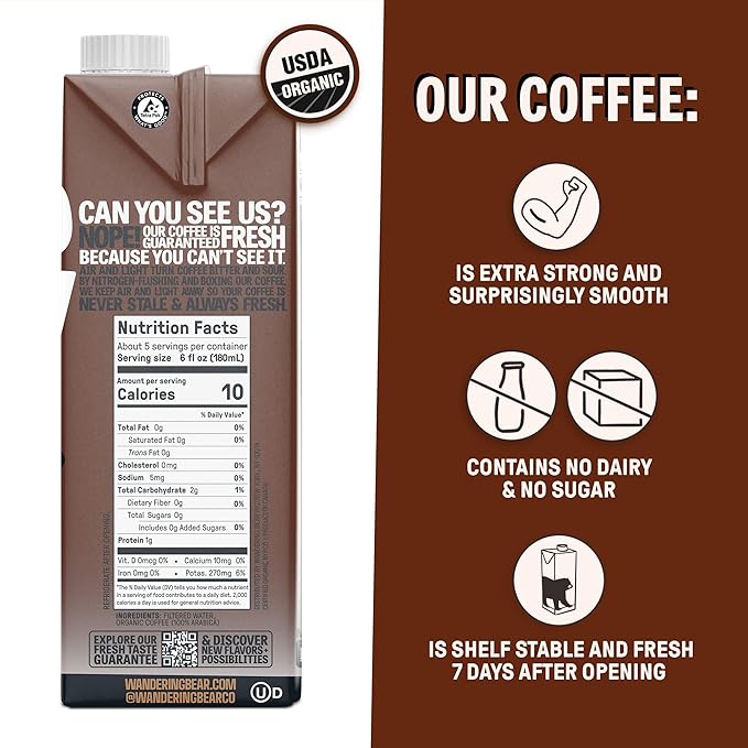 Wandering Bear Espresso Roast Organic Cold Brew Coffee, 32 fl oz, 6 pack - Extra Strong, Bold, Smooth, Unsweetened, Shelf-Stable, Ready to Drink, 100% Organic, Iced Cold Brewed Coffee Drinks