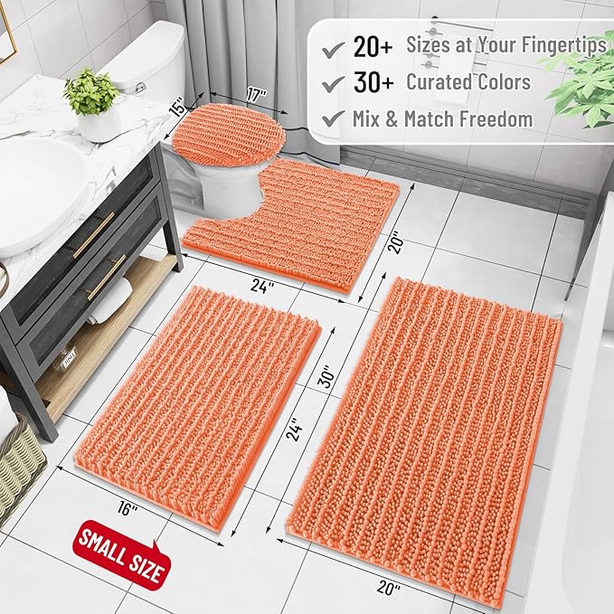 Arotive Luxury Chenille Bathroom Rug Mat, Extra Soft Thick Absorbent Shaggy Bath Rugs, Non-Slip Machine Wash Dry, Plush Bath Mats for Bathroom, Shower and Tub, 34x21, Coral