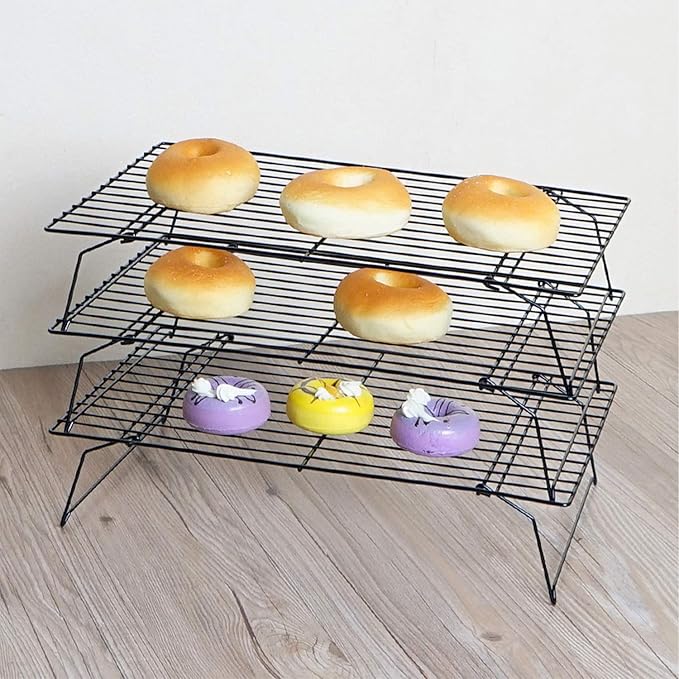 Lainrrew Cooling Rack, 3 Tier Stackable Baking Rack Stainless Steel Wire Cooking Rack for Cooking Roasting Cooling, Collapsible & Foldable, Dishwasher & Oven Safe