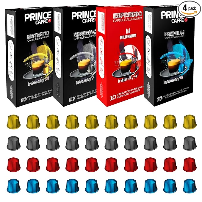 Prince Caffe Espresso Pods Variety Pack Compatible with Nespresso Original Line Machines – Espresso, Ristretto, Millennium & Premium – Intensity 7,8,9,10, 40 Count (4 x 10 Capsules)