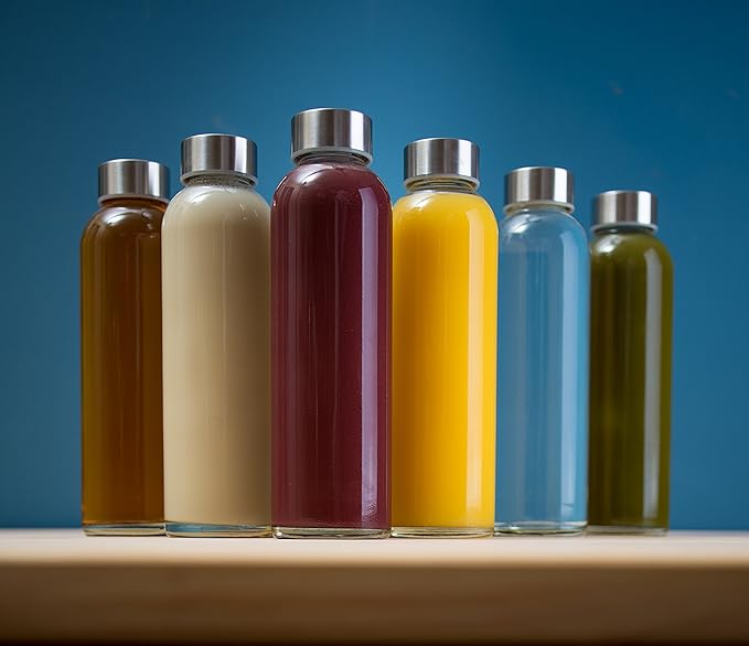 Epica Clear Glass Bottles with Lids, 18oz Resuable Glass Water Bottles for Juicing with Stainless Steel Cap to store Milk, Smoothie, etc., 100% Leak Proof, Durable and Dishwasher Safe (Set of 6)