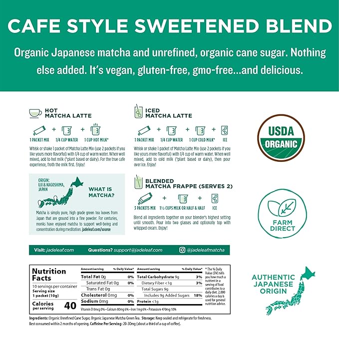 Jade Leaf Matcha Organic Premium Ceremonial Grade Matcha Green Tea Powder - Japanese - Culinary, Ingredient, Ceremonial Barista Teahouse, Latte, Collagen, 0.35 Ounce (Pack of 100), Matcha Latte