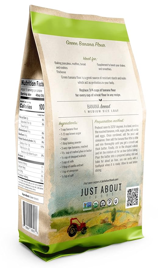 Banana Flour | USDA Organic | Vegan, Paleo, Gran and Gluten Free | High in Fiber and Potassium | 1 Pound (Pack of 2) | Just About Foods