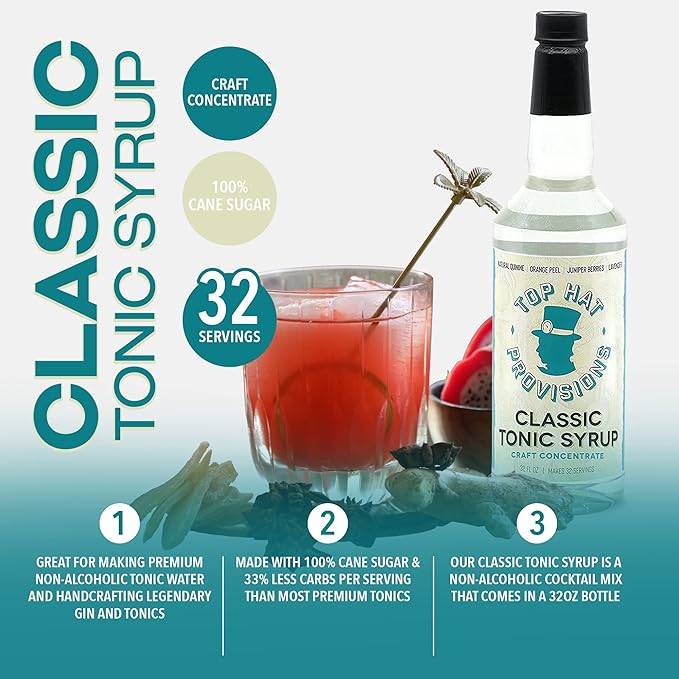 Top Hat Classic Tonic Syrup – 5x Quinine Tonic Water Concentrate – Make Tonic Water at Home – Just add Seltzer Water - 32oz bottle