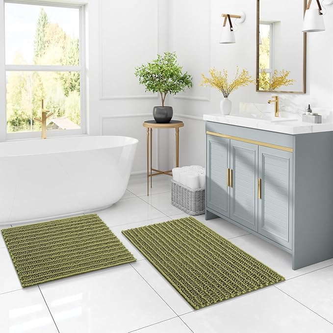 Arotive Luxury Chenille Bathroom Rug Mat, Extra Soft Thick Absorbent Shaggy Bath Rugs, Non-Slip Machine Wash Dry, Plush Bath Mats for Bathroom, Shower and Tub, 47x24, Willow Green