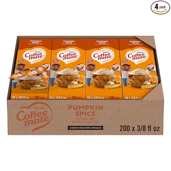 Nestle Coffee mate Coffee Creamer, Pumpkin Spice, Liquid Creamer Singles, Non Dairy, No Refrigeration, 0.375 fl oz Tubs (Pack of 200)