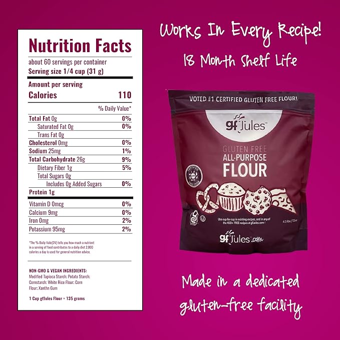 gfJules Certified Gluten Free All Purpose Flour | No Grit | Great Cup for Cup Baking Alternative to Regular Flour, Voted #1 by Gluten Free & Celiac Consumers, 4.5LB Pouch