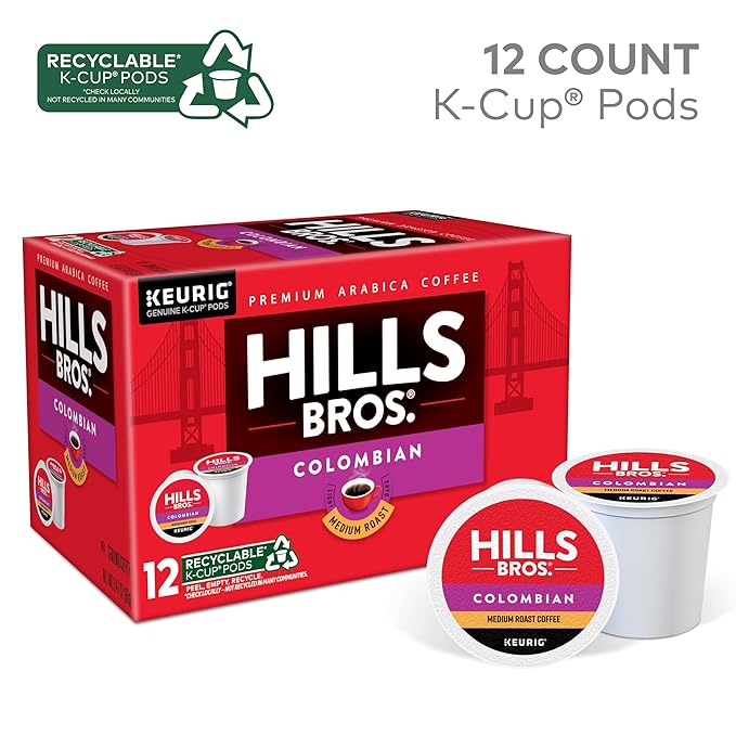 Hills Bros. Colombian Blend Keurig K-Cup Pods for Keurig Brewers – Medium Roast Premium Arabica Blend, Kosher – 1 Pack of 12 Single Serve Pods