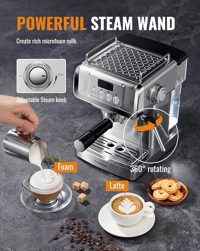 SHARDOR Espresso Machine 20 Bar with Milk Frother Steam Wand, Professional Latte & Cappuccino Maker for Home, 60 Oz Water Tank, Temperature Display, Stainless Steel, 1350W