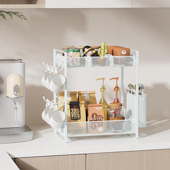 VITVITI Coffee Bar Organizer with Mug Holder, Metal Coffee Station Organizer for Countertop, 2 Tier Cup Mug Holders Rack with Basket for Kitchen Office, Black