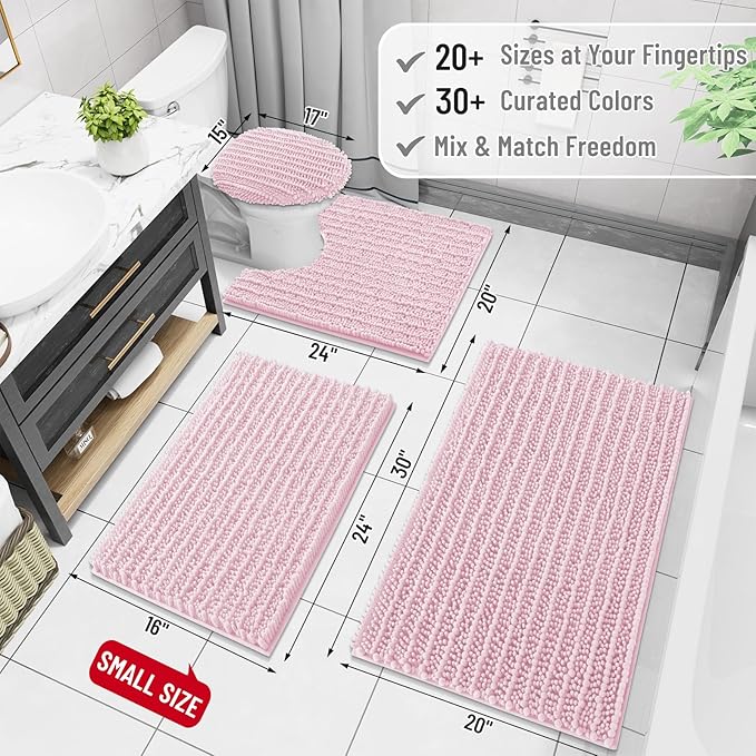 Arotive Luxury Chenille Bathroom Rug Mat, Extra Soft Thick Absorbent Shaggy Bath Rugs, Non-Slip Machine Wash Dry, Plush Bath Mats for Bathroom, Shower and Tub, 60x24, Pink