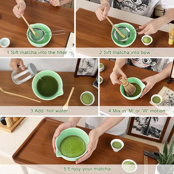 PHILORN Matcha Whisk Set 9Pcs Ceramic Matcha Kit Matcha Bowl with Spout, Whisk, Holder, Bamboo Scoop, Scoop Rest, Sifter and Tea Towe for Matcha Lover and Tea Ceremony (Cyan)