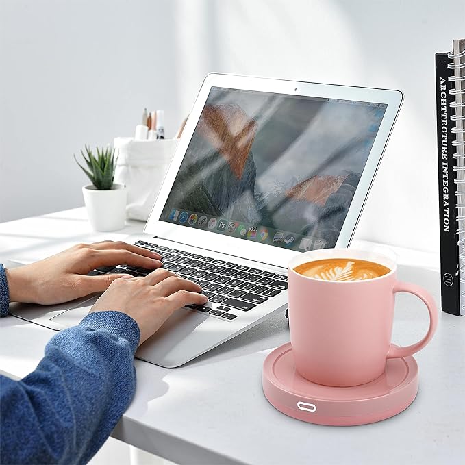 BESTINNKITS Smart Coffee Set Auto On/Off Gravity-induction Mug Office Desk Use, Candle Wax Cup Warmer Heating Plate (Up To 131F/55C), 14oz (Pink Set)