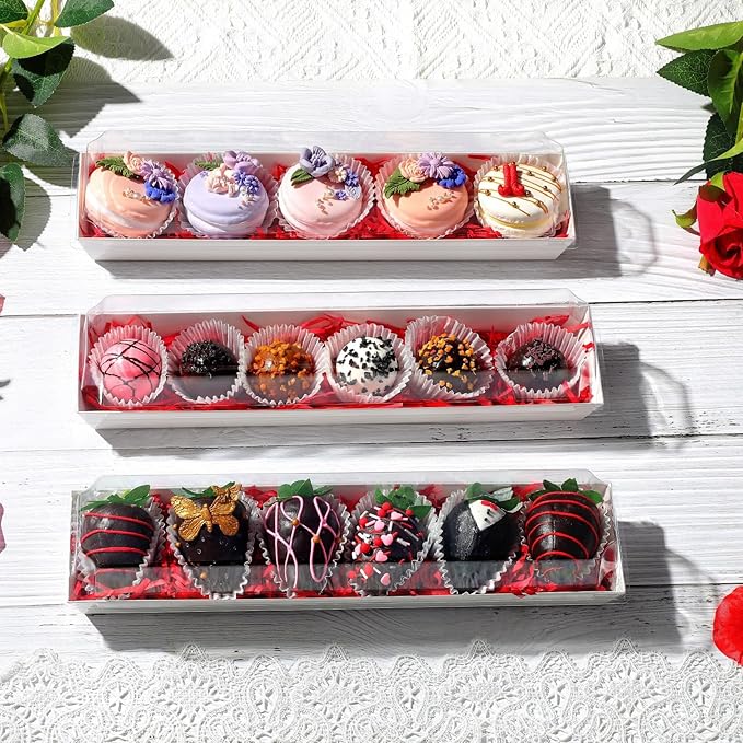 25 Pack 12 x 2.8 x 2.4 Inches Strawberry Boxes with Clear Lids,Long Macaron Boxes Gift Boxes For Cookies,Truffle,Cocoa Bombs,Chocolate