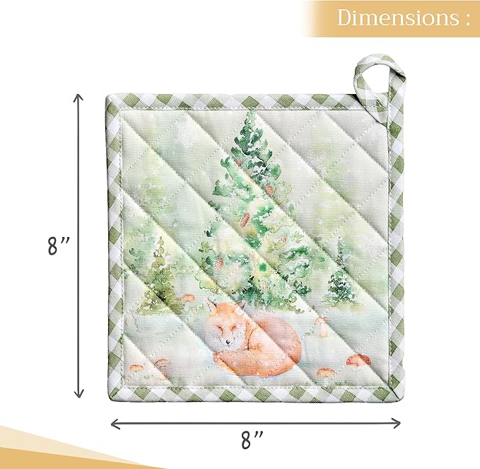 Maison d' Hermine Pot Holders Set 100% Cotton Heat Resistant Potholders 8" x 8" Hot Pads with Loop BBQ, Cooking, Baking, Grilling, Kitchen, Handling Hot Pans (Pack of 2, Winter Mornings)