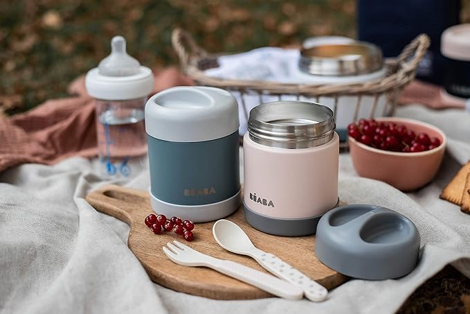 Beaba Stainless Steel Insulated Food Jar 10 oz, Kids Thermos, Lunch Containers, Leakproof, Wide Opening, Suitable for Hot and Cold Foods (Eucalyptus)