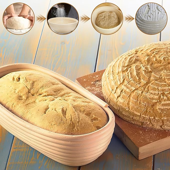 Banneton Bread Proofing Basket 7 Inch Sourdough Baking Rising Banaton Proofer Box Warmer Baskets Oval Round Bowl Cover Bowls Making Small Bulk Set of 2 Kit Supplies Tools Rattan for Home Bakers Gifts