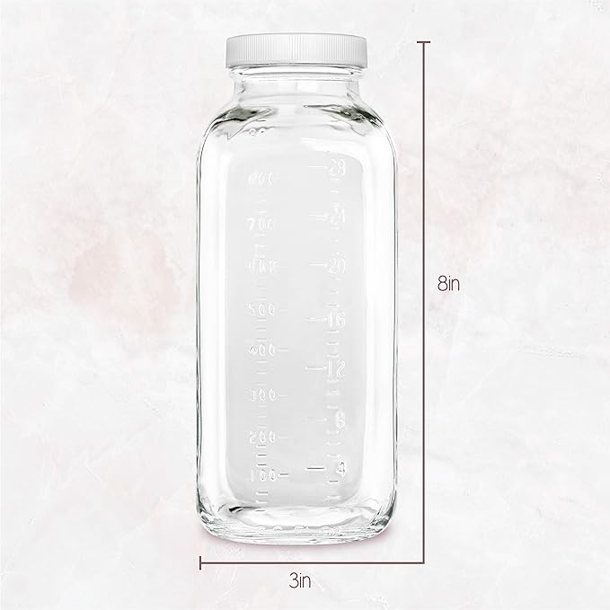 kitchentoolz 32 oz Square Glass Bottles with Plastic Airtight Lids – 4 Pack for Milk, Smoothies, Water, Kombucha, and Broth Storage