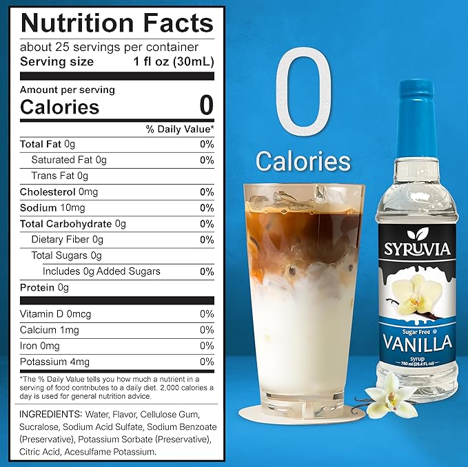 Syruvia Sugar Free Coffee Syrup, Vanilla Flavored Syrup for Drinks, Lattes, and Desserts – 25.4 fl oz