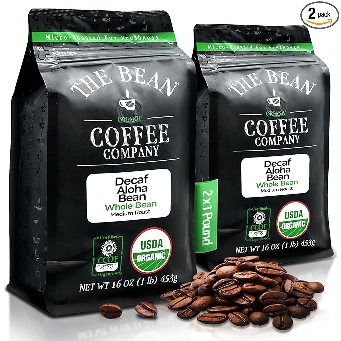The Bean Coffee Company Organic Coffee Water Processed DECAF Aloha Bean Hawaiian Hazelnut Medium Roast Whole Bean Coffee 16-Ounce (Pack of 2)