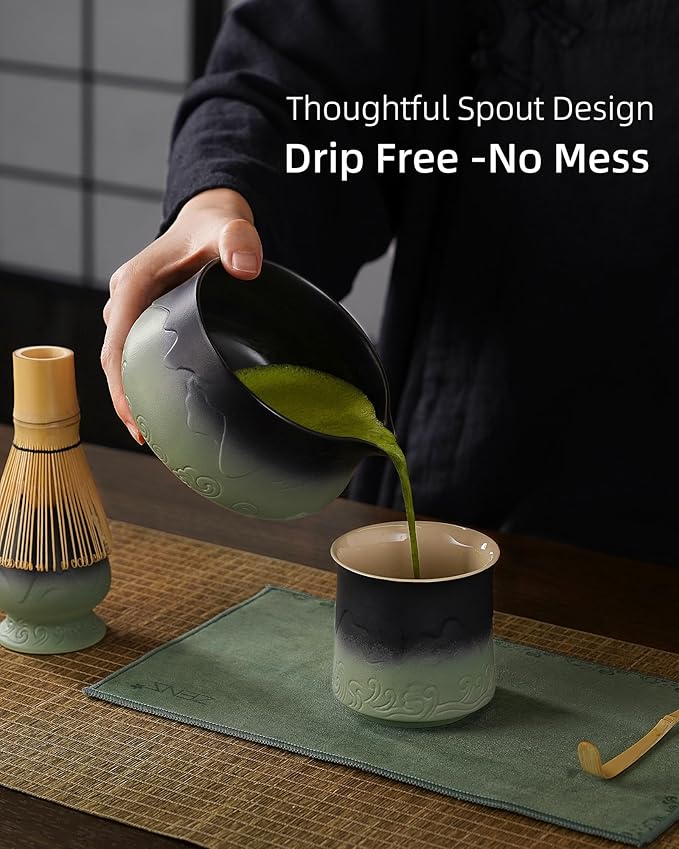 ZENS Matcha Whisk Set, 15oz Ceramic Matcha Set with Bowl and Bamboo Whisk, Scoop, (Chasen Holder) -Tea Towel, 5pcs Matcha Kit for Matcha Lovers, Sage Green