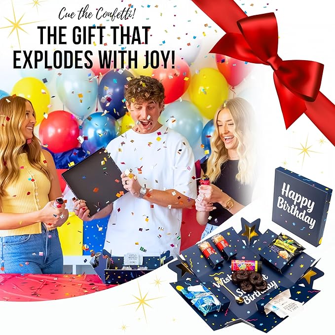 Explosion Gift Box with Treats – Premium Surprise Snack Box with Donuts, Cookies, Chips & More – Blank Design for Any Occasion – Party, Celebration, or Just Because Gift (Happy Birthday)