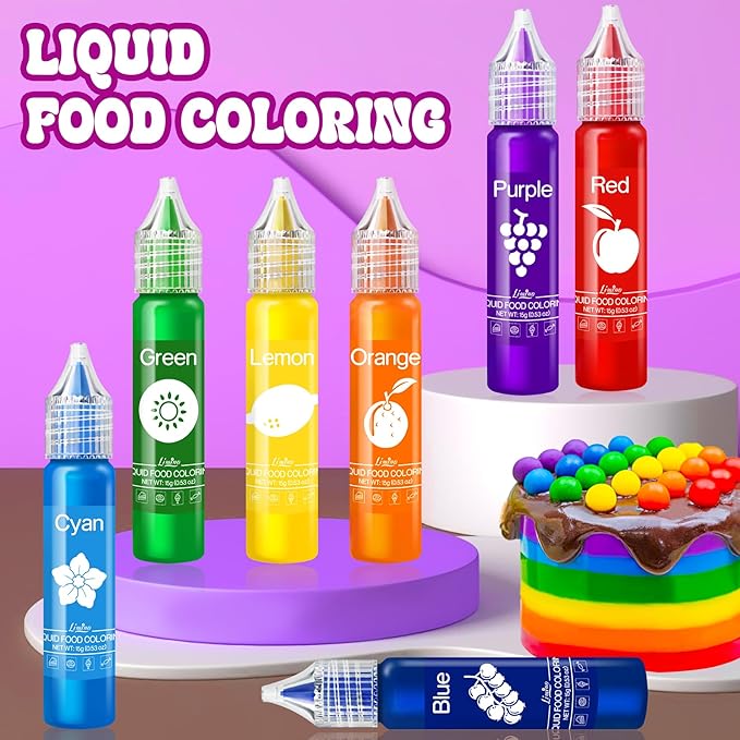 Food Coloring Set - Rainbow Edible Food Color Dye for Baking, Cake Decorating, Royal Icing, Cookie, Fondant and Macaron - 7 x 15g Food Grade Liquid Food Coloring Kit for DIY Slime and Crafts Making