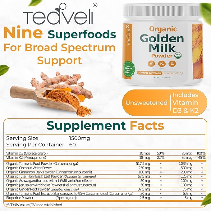 Organic Golden Milk Powder with Vitamins D3 & K2, Turmeric, Ginger, Curcumin, Cinnamon, KSM66 Ashwagandha, Holy Basil & Natural Prebiotics– Delicious Unsweetened Turmeric Tea Latte- 30 Servings
