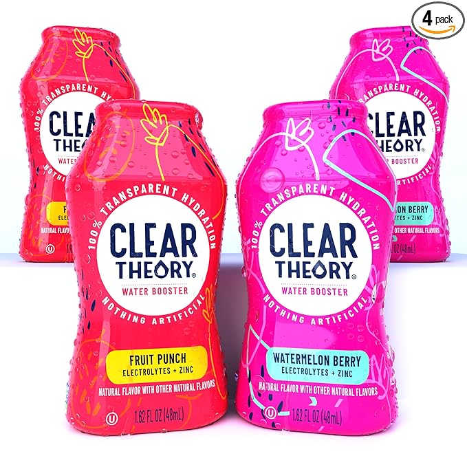 Clear Theory Water Flavoring Drops with Electrolytes, Water Enhancer Liquid Flavored Water Drink Mix, Hydration for Kids, Vegan, Gluten Free, Low Calorie (Watermelon Berry & Fruit Punch)