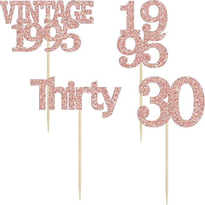 Gyufise 24Pcs Happy 30th Birthday Cupcake Toppers Glitter Thirty 30 Fabulous Vintage 1995 Cupcake Picks for 30th Birthday Wedding Anniversary Party Cake Decorations Supplies Rose Gold
