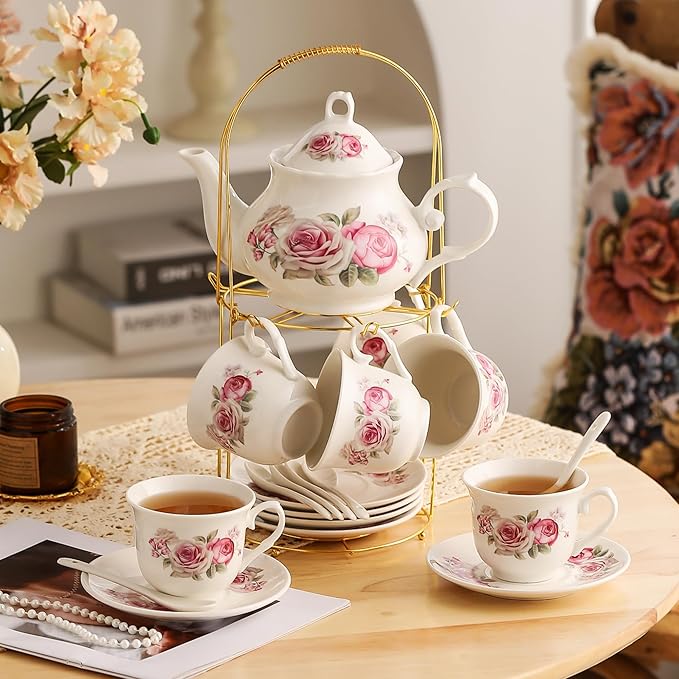 20-Pieces Tea Set For Adult with Golden Metal Rack,Porcelain Tea Sets For Women,Tea Gift Sets for Home&Party(016)