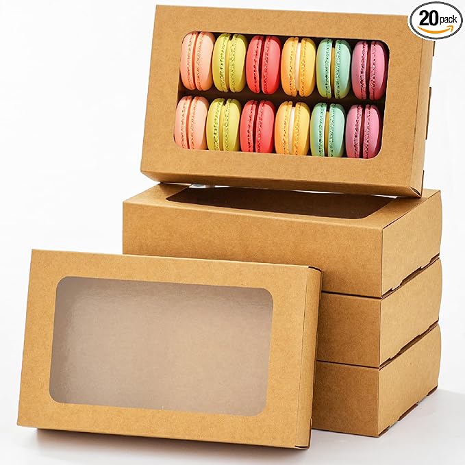 20PCS Macaron Boxes for 12,Chocolate Covered Strawberry Boxes with Window, Macaron Packaging Display for Strawberry Gift, Chocolate, Truffles,Desserts(Brown)