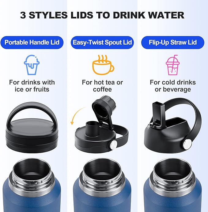 HYDROWION 32oz Water Bottle, Double Wall Vacuum Stainless Steel Insulated Water Flask with Straw Lid, Spout Lid and Flex Cap(Cold for 48 Hrs, Hot for 24 Hrs), Leakproof Travel Thermo Mug, Pink&Blue