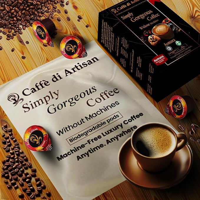 Caffè di Artisan Liquid Coffee Pods – Premium Single-Serve Coffee for Cold Brew concentrate, Iced Coffee & Hot Coffees – Machine-Free, Eco-Friendly, Ready in Seconds. Rich; Asmara; Arabica; Medium Roast – 24 Count.