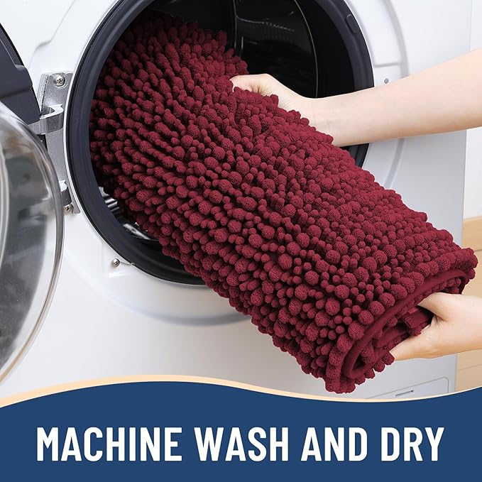 Arotive Luxury Chenille Bathroom Rug Mat, Extra Soft Thick Absorbent Shaggy Bath Rugs, Non-Slip Machine Wash Dry, Plush Bath Mats for Bathroom, Shower and Tub, 54x24, Burgundy