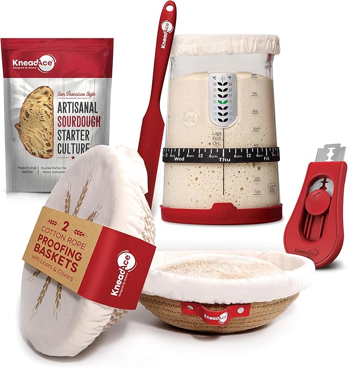 KneadAce Complete Sourdough Bread Baking Kit - 34oz Starter Jar, Cotton Rope Proofing Baskets, Magnetic Bread Lame, and Fast-Activation Sourdough Starter Culture for Perfect Artisan Loaves