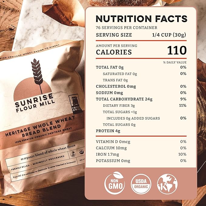 Sunrise Flour Mill Heritage Whole Wheat Bread Blend - 5 lb | USDA Organic All Purpose Flour Unbleached - Non-GMO, Kosher, Grown Without Glyphosate, Ancient Grains, Bread Flour Organic.