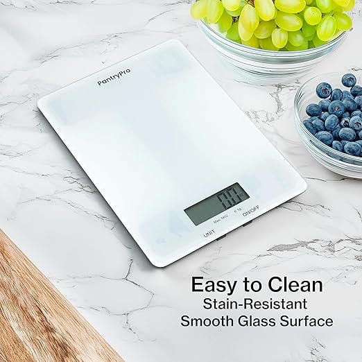 PantryPro Glass Platform Digital Kitchen Scale - 11lbs / 5kg Capacity - LCD Display g kg oz lb fl.oz ml - CR2032 Battery Included - Black