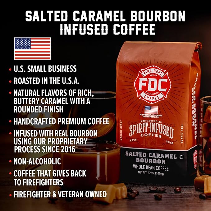 Fire Department Coffee - Salted Caramel Bourbon Coffee - Gives Back to Firefighters - Premium Bourbon Infused - Whole Bean Medium Roast - Non-Alcoholic - Roasted in the USA - Veteran Owned - 12 oz