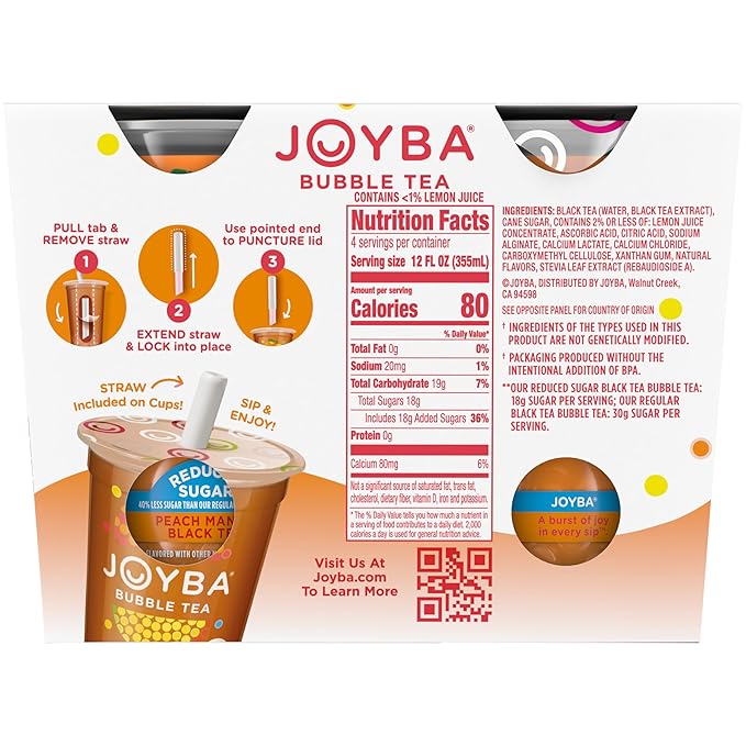 Joyba Reduced Sugar Peach Mango Black Tea Bubble Tea, 4 Pack, 12 fl. oz. Cups