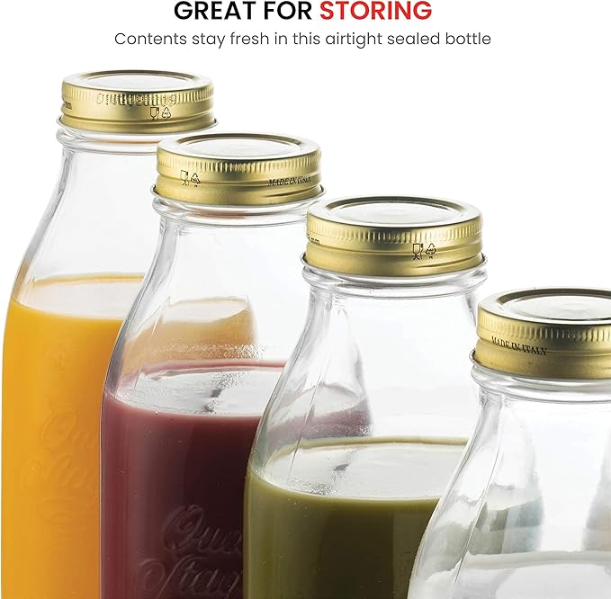 Bormioli Rocco Quattro Stagioni Glass Milk Bottle 33.75 Ounce/1 Liter with Airtight Lid, Great For Kombucha Brewing Bottle, Beer, Homemade Juicing, Smoothies, Beverages, Durable Construction. (6 Pack)