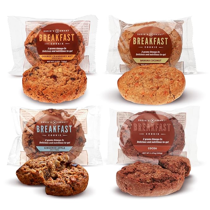 Susie’s Smart Breakfast Cookie, Mixed Box of 12 Breakfast Cookies (3) Orange Cranberry Nut (3) Gingered Apple (3) Banana Coconut (3) Cocoa Omega-3 and Protein-Rich, Soft Chewy Whole Grain Snack, Healthy On-the-Go Breakfast or Anytime Treat 3.5 oz Each.