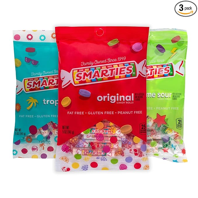 Smarties Candy Triple Variety Pack Rolls - Gluten Free Vegan Assorted Flavors, Tropical & X-Treme Sour Candy - Family Owned Company Since 1949 - Perfect Halloween Treat, Candy Bags - 5 oz (Pack of 3)