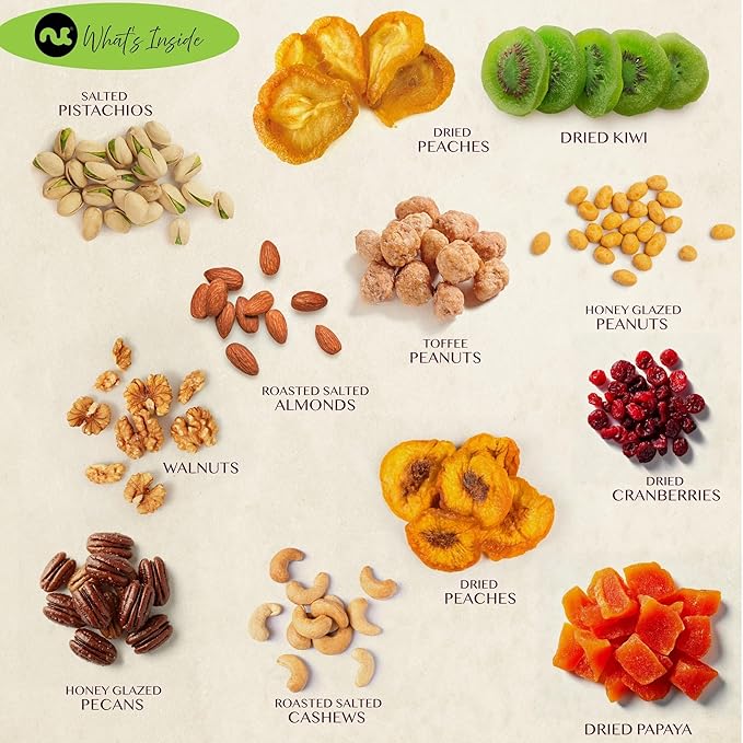 NUT CRAVINGS Gourmet Collection - Sympathy Condolence, Nuts & Dried Fruits Tower Gift Basket, with Sympathy Ribbon + Greeting Card (12 Assortments) Food Arrangement, Healthy Snack, Food Assortments