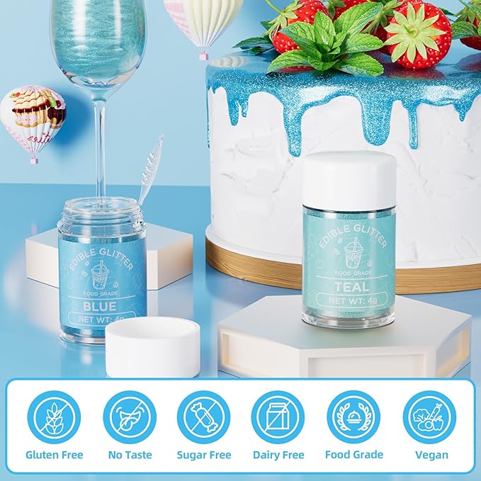Cherrysea Edible Glitter for Drinks Cocktails Food Grade Edible Drink Shimmer Powder for DIY Champagne Beverages Wine 2 Colors Vegan Edible Luster Dust Set 4g/Bottle Gluten Free - Teal+Blue