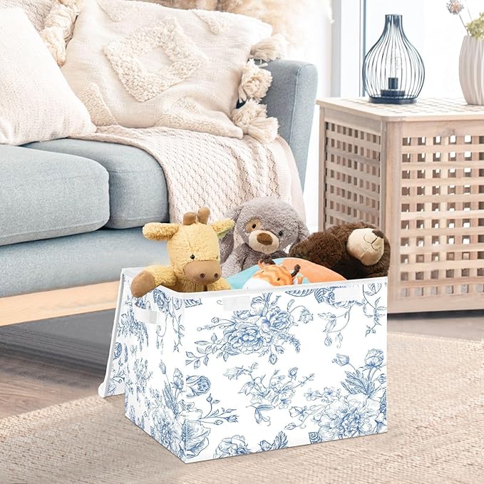 susiyo Blue Flowers Floral Storage Bin Large Collapsible Storage Box Stackable design Fabric Storage Bins with Lids Decorative Multi-Color Foldable Organizing Baskets For Closet