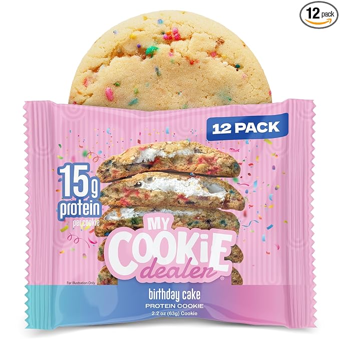 My Cookie Dealer Protein Cookies, Birthday Cake (2.2oz, Pack of 12) - 15g Protein per Cookie - Individually Wrapped Workout Snacks for On-The-Go Travel