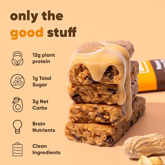 IQBAR Brain and Body Plant Protein Bars - Peanut Butter Chip - 24-Count - Keto, Vegan, Low Carb, High Fiber, Gluten Free, Dairy Free, Low Sugar Snack with Nutrients for Focus, Energy, Meal Replacement