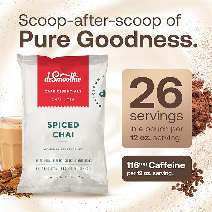 Dr. Smoothie Café Essentials Spiced Chai – No Artificial Colors, Flavors, or Sweeteners – Shelf Stable – 116mg of Caffeine per Serving – Great for Hot, Iced, & Frozen Frappes (3.5 lb Bag, 26 Servings)