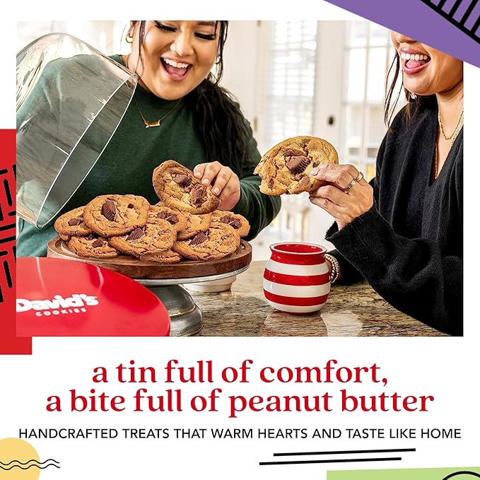 David's Cookies Peanut Butter Chunk Fresh-Baked Decadent Cookie Gift Basket Tin — Luscious Large Peanut Butter Cookies With No Added Preservatives — All-Natural Cookies — Ideal Gift for Corporate Birthday Fathers Mothers Day Get Well and Other Special ...